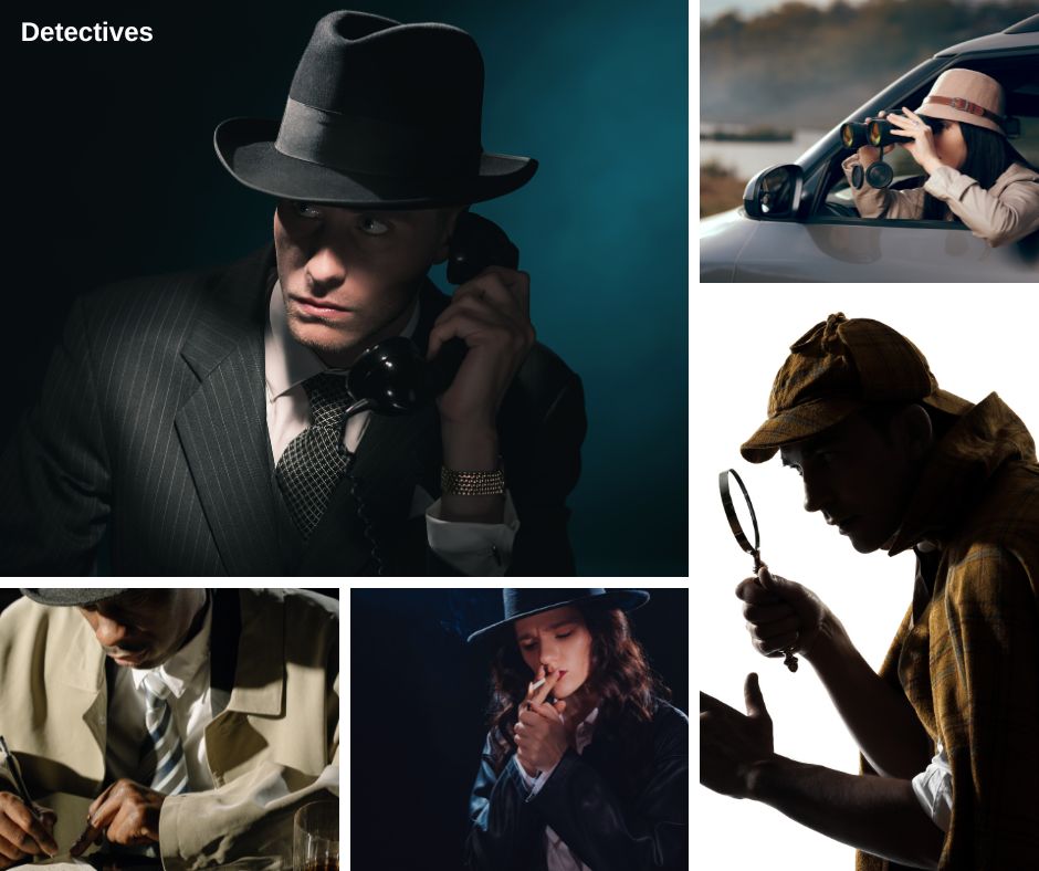 Various images of detectives. Some dressed in vintage clothing. Some dressed as Sherlock Holmes. 
