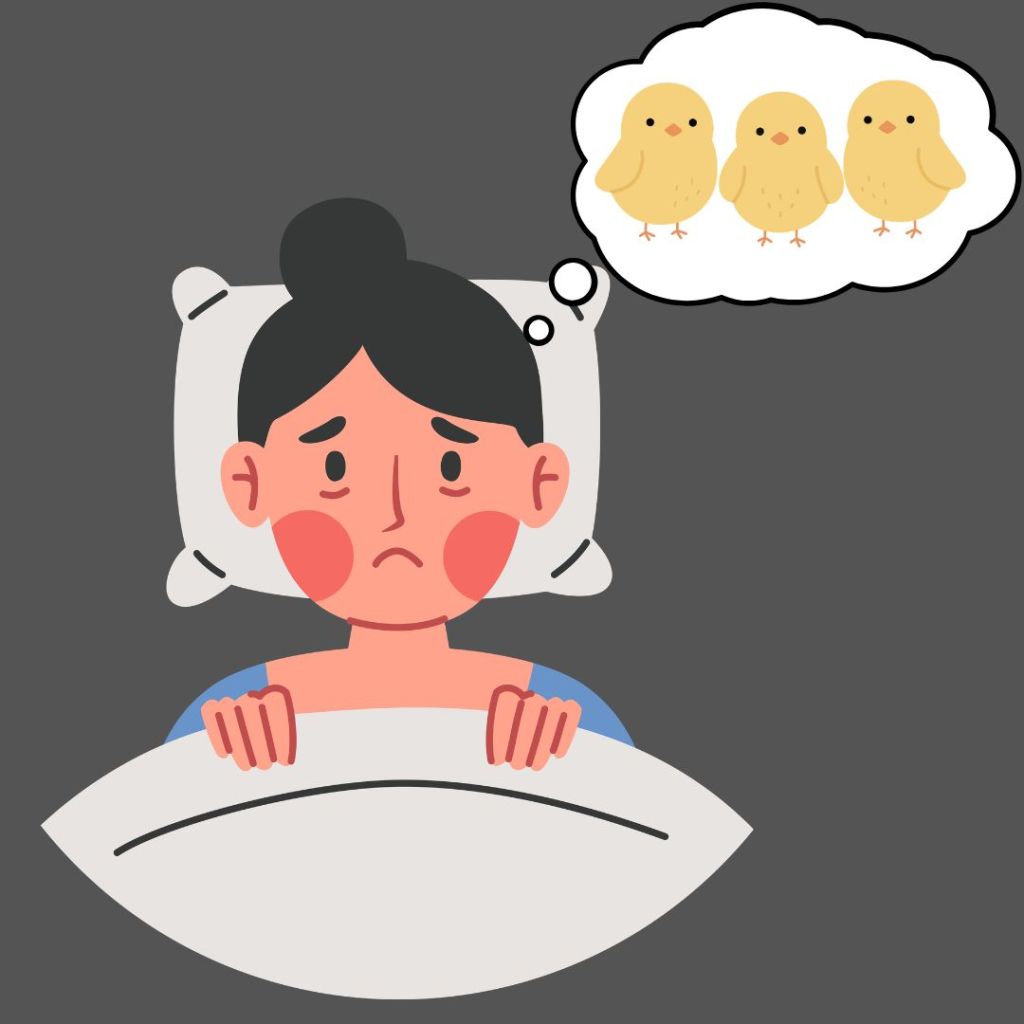 A cartoon image of a woman lying awake in bed thinking about baby chicks