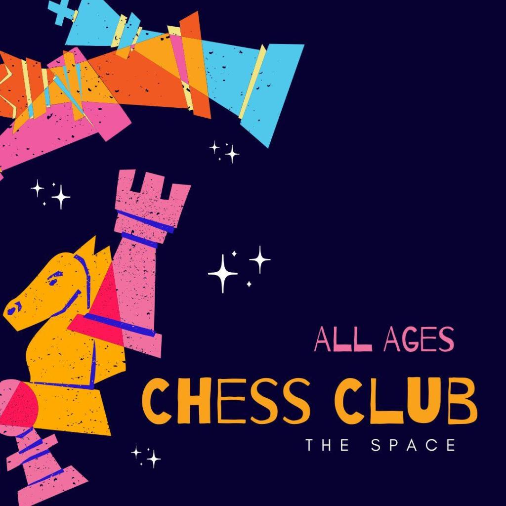Chess Club graphic with colorful chess pieces against a black background. 