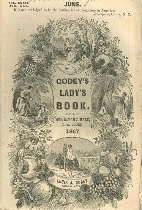 Black and white image of the cover of an 1867 cookbook. Flowers surround the images of women and children in the countryside.