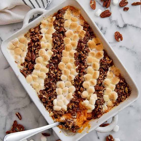 Photo of a sweet potato with marshmallow casserole.