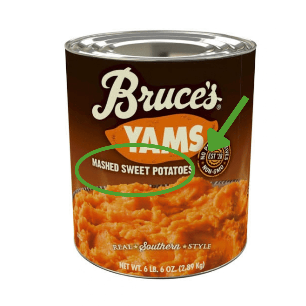 Photo of a can of Bruce's "YAMS" with the text "mashed sweet potatoes" under the word "YAMS"