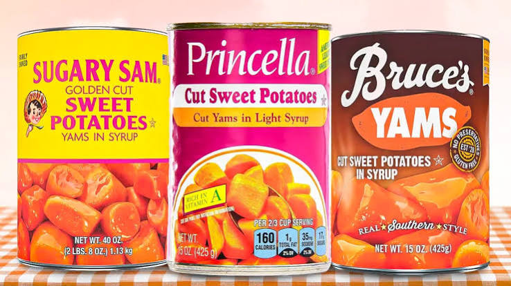 Photo of cans of sweet potatoes, some labeled "Yams"